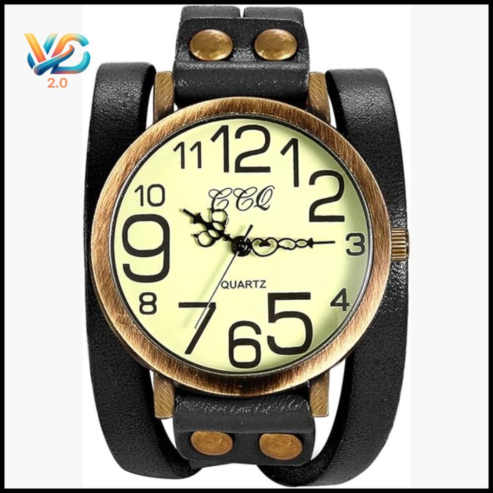 Vintage Leather Wrap Cuff Bracelet Watch With Large Arabic Markers